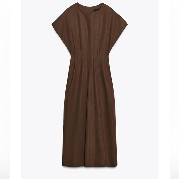 ZARA Zw Collection Pleated Midi Dress Brown XS - Picture 2 of 6